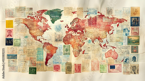 Fototapeta Naklejka Na Ścianę i Meble -  World Map Collage of Vintage Stamps.