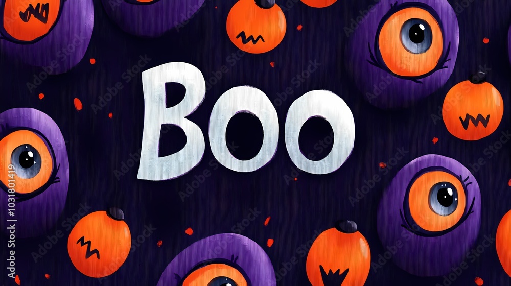 Fototapeta premium Colorful Halloween-themed illustration with spooky elements and the word 'Boo'.