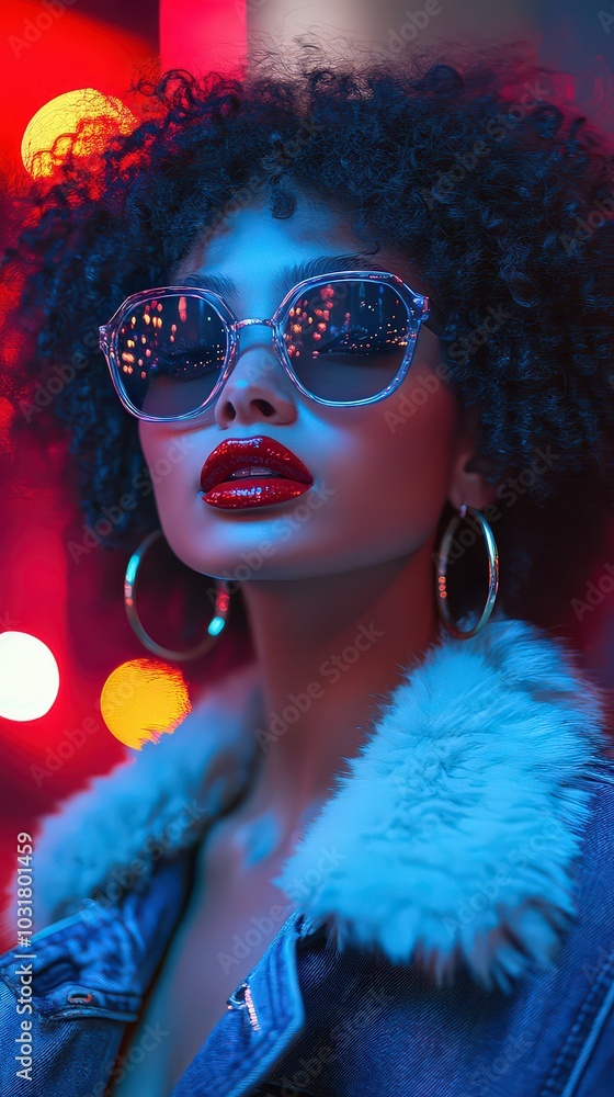Fototapeta premium Stylish woman in sunglasses with bold red lips and curly hair, illuminated by neon lights, exuding confidence and urban fashion vibes.