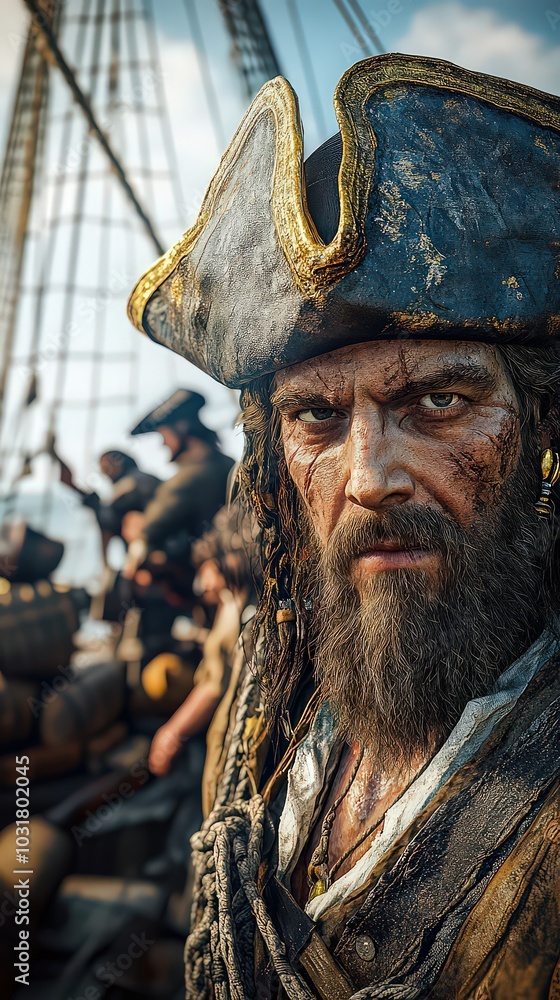 Gritty close-up of rugged pirate captain at helm of ship, his weathered face scarred and bearded, conveying toughness, adventure, and life at sea. Gritty close-up of rugged pirate captain at helm of ship, his weathered face scarred and bearded, conveying toughness, adventure, and life at sea.