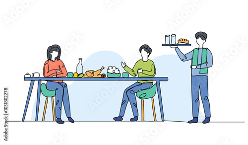 Vector illustration of a man and woman are having dinner. Modern flat in continuous line style.