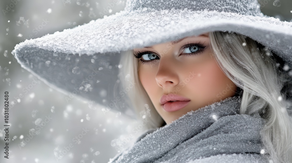 A woman in a white hat and gray coat is depicted in the snow, with snowflakes falling on her face A woman in a white hat and gray coat is depicted in the snow, with snowflakes falling on her face