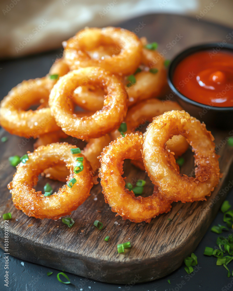 Crispy fried onion rings served with dipping sauce. Crispy fried onion rings served with dipping sauce.