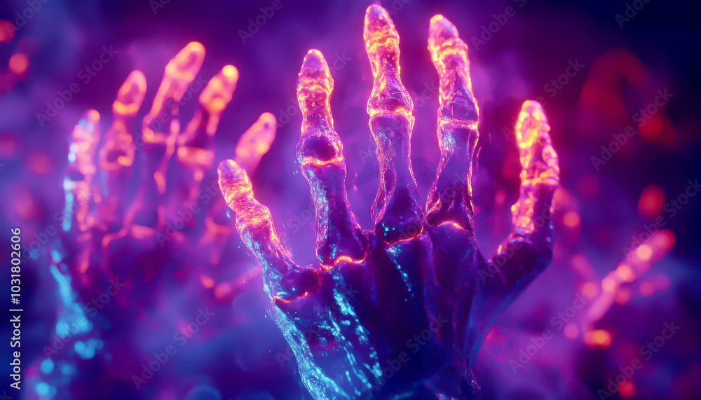 Glowing hands with colorful neon effects, white isolate background