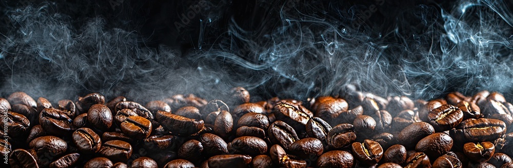 Close-up of coffee beans with smoke on a dark background, a banner design Close-up of coffee beans with smoke on a dark background, a banner design