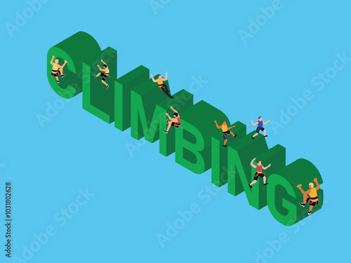 Climbers Scaling Text 3D Illustration - Concept of Teamwork and Persistence