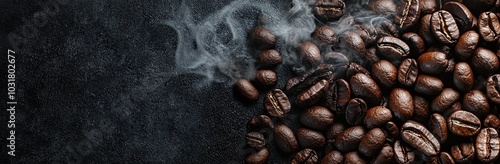 Close-up of coffee beans with smoke on a dark background, a banner design