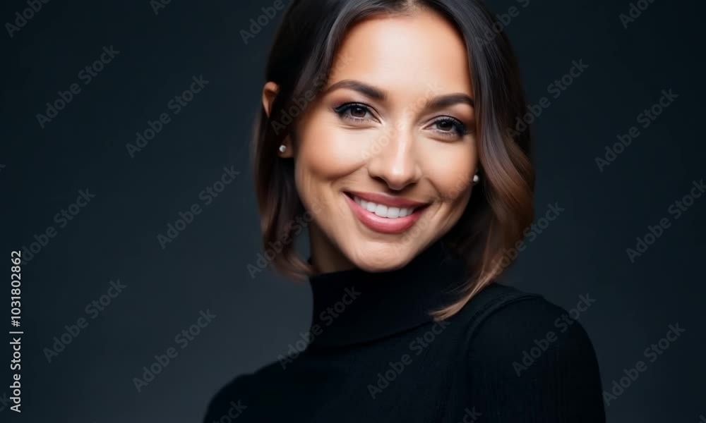 A confident young woman looks directly at the camera with a serious expression. She is wearing a black turtleneck sweater and has her hair pulled back. The background is a dark gray. A confident young woman looks directly at the camera with a serious expression. She is wearing a black turtleneck sweater and has her hair pulled back. The background is a dark gray.