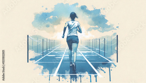 A watercolor-style image of a female runner crossing a finish line, symbolizing victory and achievement