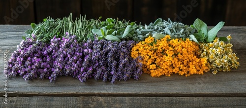 Assortment of dried herbs lavender, mint, sage, calendula and chamomile on rustic wood background.