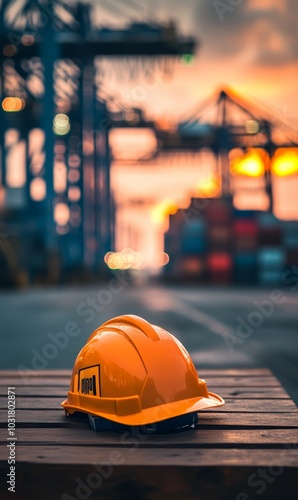 A close-up of a yellow safety helmet against a vibrant sunset at a port.