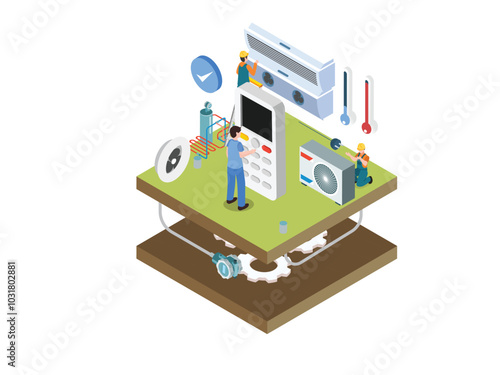 HVAC System Maintenance and Repair 3d isometric vector illustration
