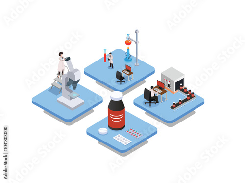 Pharmaceutical Research and Drug Production Process 3d isometric vector illustration