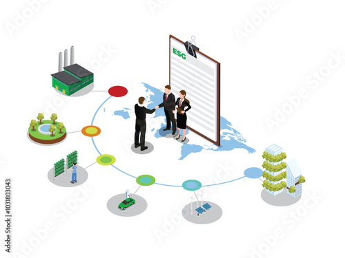 ESG Corporate Strategy with Sustainable Development and Green Energy Solutions 3d isometric vector illustration