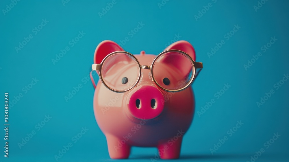 Playful Piggy Bank Wearing Glasses on Blue Background Playful Piggy Bank Wearing Glasses on Blue Background