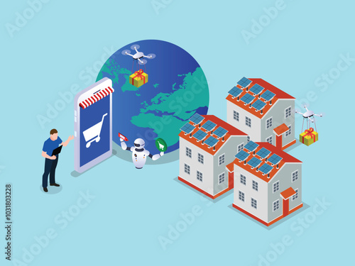 E-commerce and Smart Delivery with Renewable Energy 3d isometric vector illustration