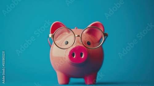 Playful Piggy Bank Wearing Glasses on Blue Background