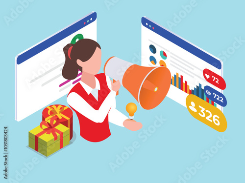Digital Marketing and Social Media Engagement Concept with Analytics and Campaign Promotion 3d isometric vector illustration