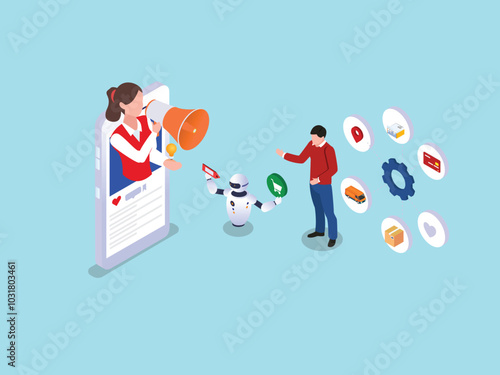 AI-Powered Digital Marketing and E-commerce Automation with Customer Engagement 3d isometric vector illustration