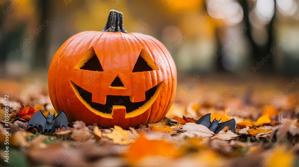 A cheerful carved pumpkin surrounded by colorful autumn leaves and playful bat decorations. A cheerful carved pumpkin surrounded by colorful autumn leaves and playful bat decorations.