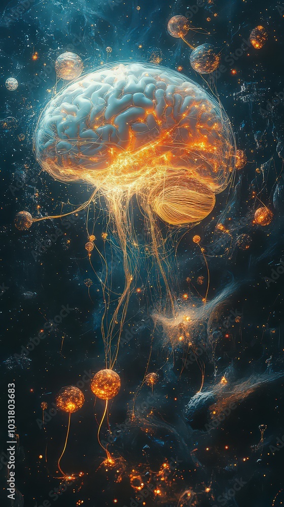 Translucent brain suspended in dark space, with colorful clusters of light representing memories stored in various regions, symbolizing brain activity and cognitive processes. Translucent brain suspended in dark space, with colorful clusters of light representing memories stored in various regions, symbolizing brain activity and cognitive processes.