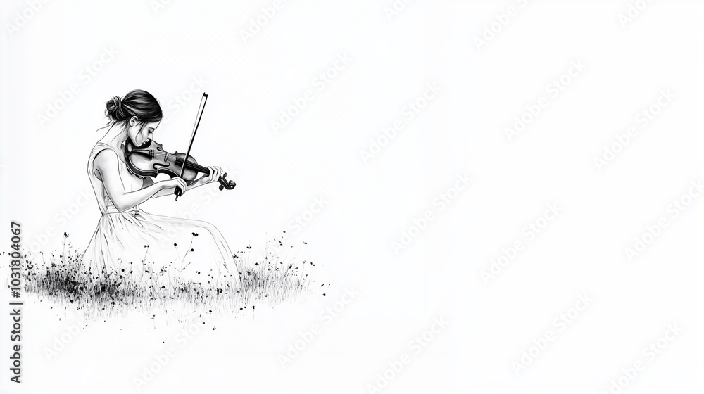 Fototapeta premium A serene pencil sketch of a woman playing the violin while seated in a meadow of wildflowers, capturing the beauty of music and nature in harmony.