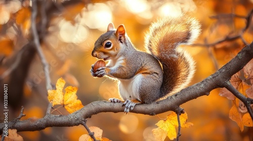 A cute squirrel sits on a branch in the autumn forest, holding a nut in its paws.