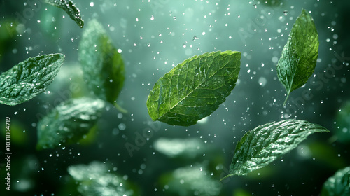 Falling Mint Leaves with Rain.