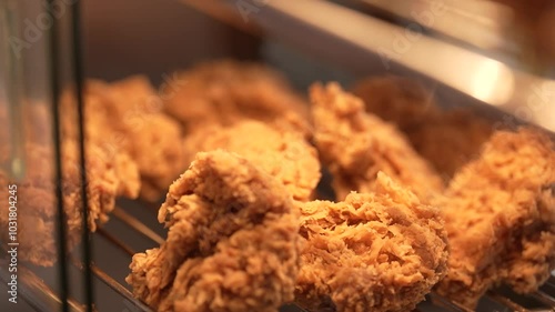 close up view of fried chicken in a food display case