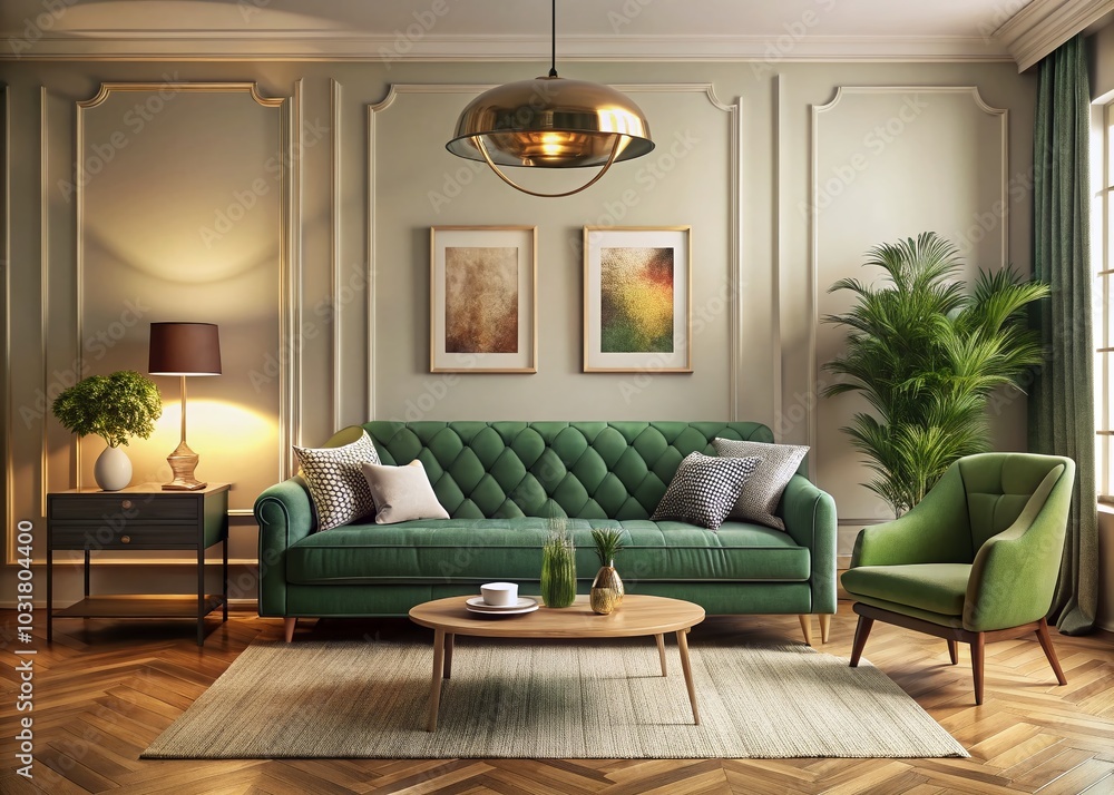 Fototapeta premium Vintage Style Living Room with Light Wall and Green Sofa for Poster Mockup