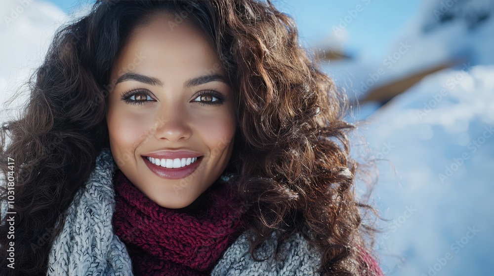 Beautiful Smiling Woman With Curly Hair In Winter Beautiful Smiling Woman With Curly Hair In Winter