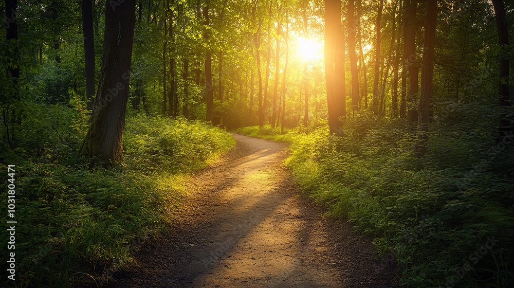 Obraz premium Serene Forest Pathway at Sunrise