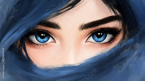  A tight shot of a woman's expressive blue eyes She wears a blue scarf wrapped around her head, and her long hair billows in the wind