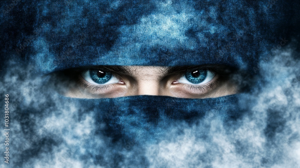 A tight shot of a face with expressive blue eyes, concealed by a hood Cloud-filled backdrop A tight shot of a face with expressive blue eyes, concealed by a hood Cloud-filled backdrop
