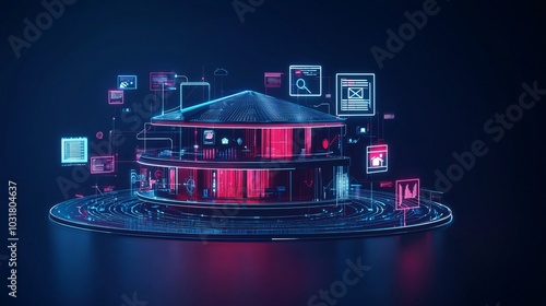A futuristic smart home surrounded by a digital fence made of security symbols and encrypted data, representing privacy protection in technology.