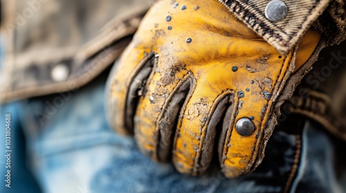  A tight shot of yellow leather gloves resting on someone's back They wear blue jeans and don a denim jacket photo