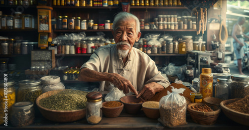 A man stands before a shelf filled with jars of spices