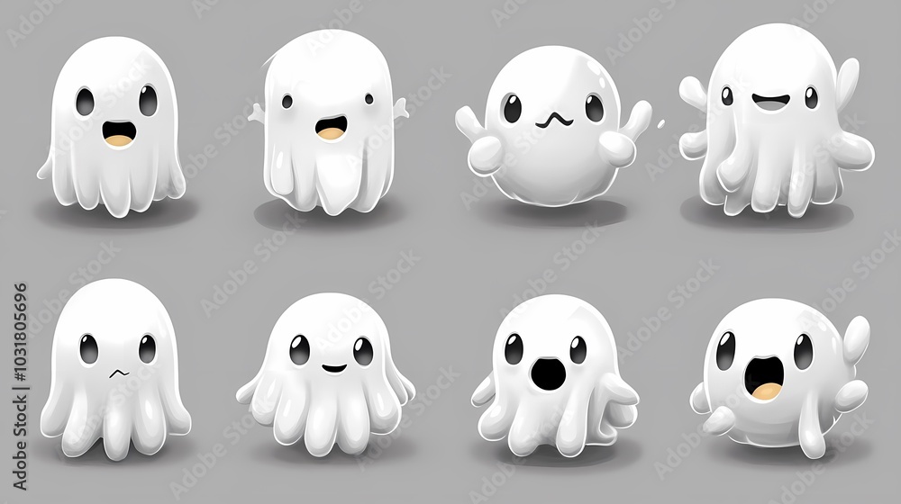 Cute cartoon ghosts with various expressive faces and poses. Cute cartoon ghosts with various expressive faces and poses.
