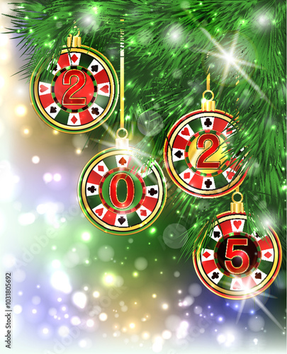 Happy 2025 new year card with casino xmas poker chip. vector illustration