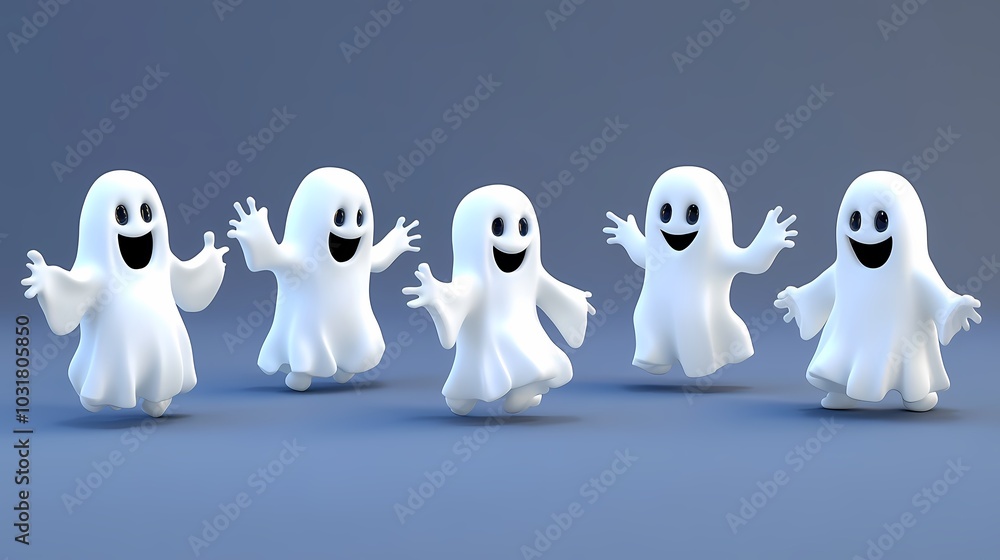 Five cheerful cartoon ghosts playfully jumping in a blue background. Five cheerful cartoon ghosts playfully jumping in a blue background.