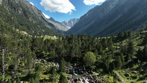 Aerial drone view of the spectacular Lac de Gaube in a beautiful summer day, Pyrenees, France