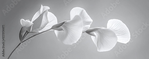 A close-up of a sweet pea flower, showcasing its elegant curves in monochrome photo