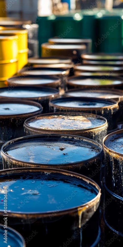 Rustic view of oil barrels stacked outdoors, highlighting industrial themes.