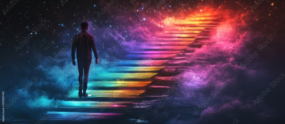 A man walks up a rainbow staircase in the clouds, under a starry sky. A man walks up a rainbow staircase in the clouds, under a starry sky.