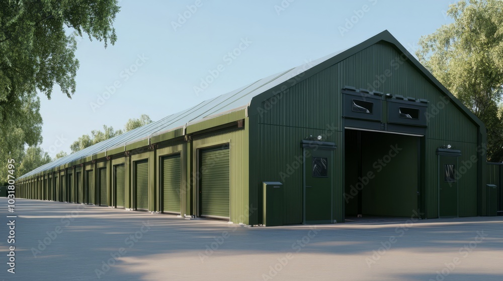 Modern Green Storage Units: A row of sleek, modern green storage units with large garage doors, offering secure and convenient self-storage solutions. Modern Green Storage Units: A row of sleek, modern green storage units with large garage doors, offering secure and convenient self-storage solutions.