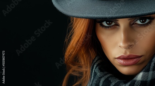  A close-up of a woman wearing a hat and a scarf around her neck