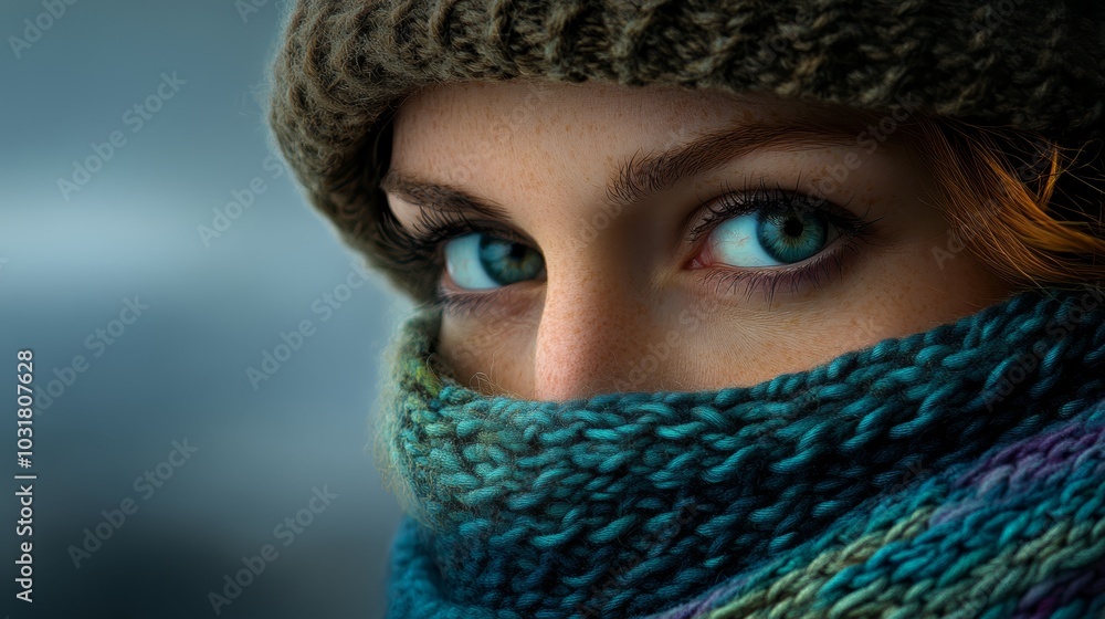 A tight shot of a woman's face, her features framed by a knitted scarf around her neck and a knitted hat covering her head A tight shot of a woman's face, her features framed by a knitted scarf around her neck and a knitted hat covering her head