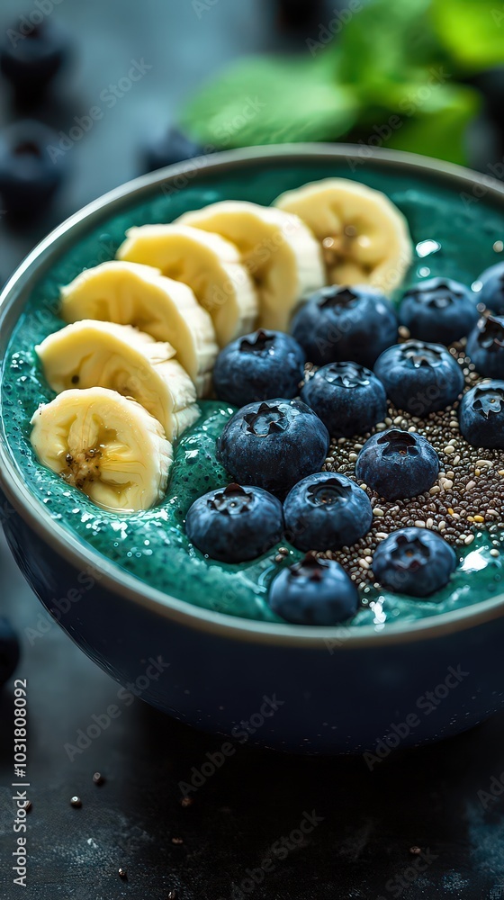 Smoothie bowl filled with vibrant, nutrient-dense ingredients like fresh blueberries, chia seeds, bananas, and spirulina powder, offering a colorful and healthy meal. Smoothie bowl filled with vibrant, nutrient-dense ingredients like fresh blueberries, chia seeds, bananas, and spirulina powder, offering a colorful and healthy meal.