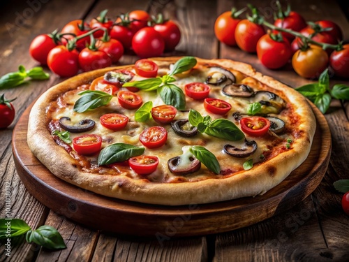 Vintage Style Pizza with Tomatoes and Mushrooms on Black Background for Culinary Art