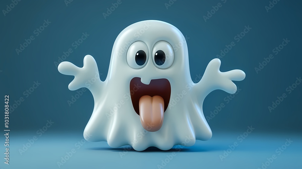 Playful cartoon ghost with big eyes and a tongue sticking out, on a blue background. Playful cartoon ghost with big eyes and a tongue sticking out, on a blue background.
